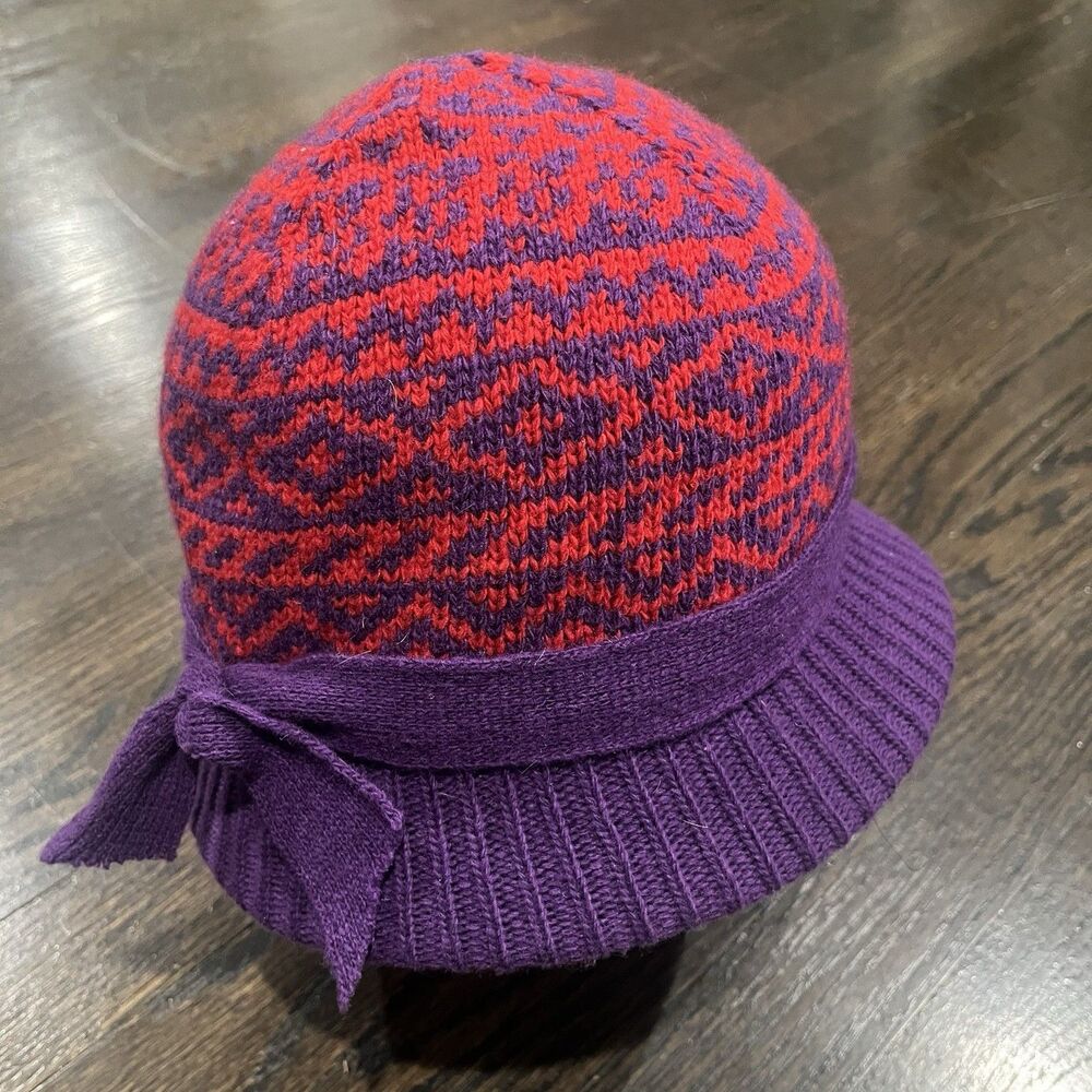 Nordstrom Cloche Bucket Hat Womens Wool Nylon Knit Purple Pink Bow‎